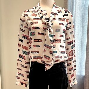 SO FUN! Printed Tie Neck Blouse w/Air Mail Stamps